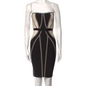 Herve Leger Strapless Black and Beige Bandage Dress